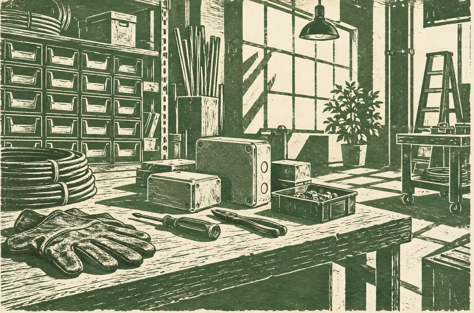 Illustration of electrical contractors and their working space
